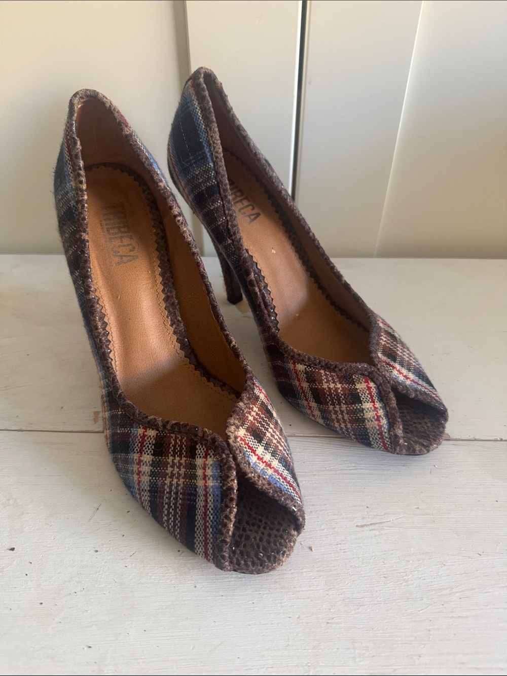 Tribeca by Kenneth Cole Plaid Peep-Toe Pumps in Brown and Blue